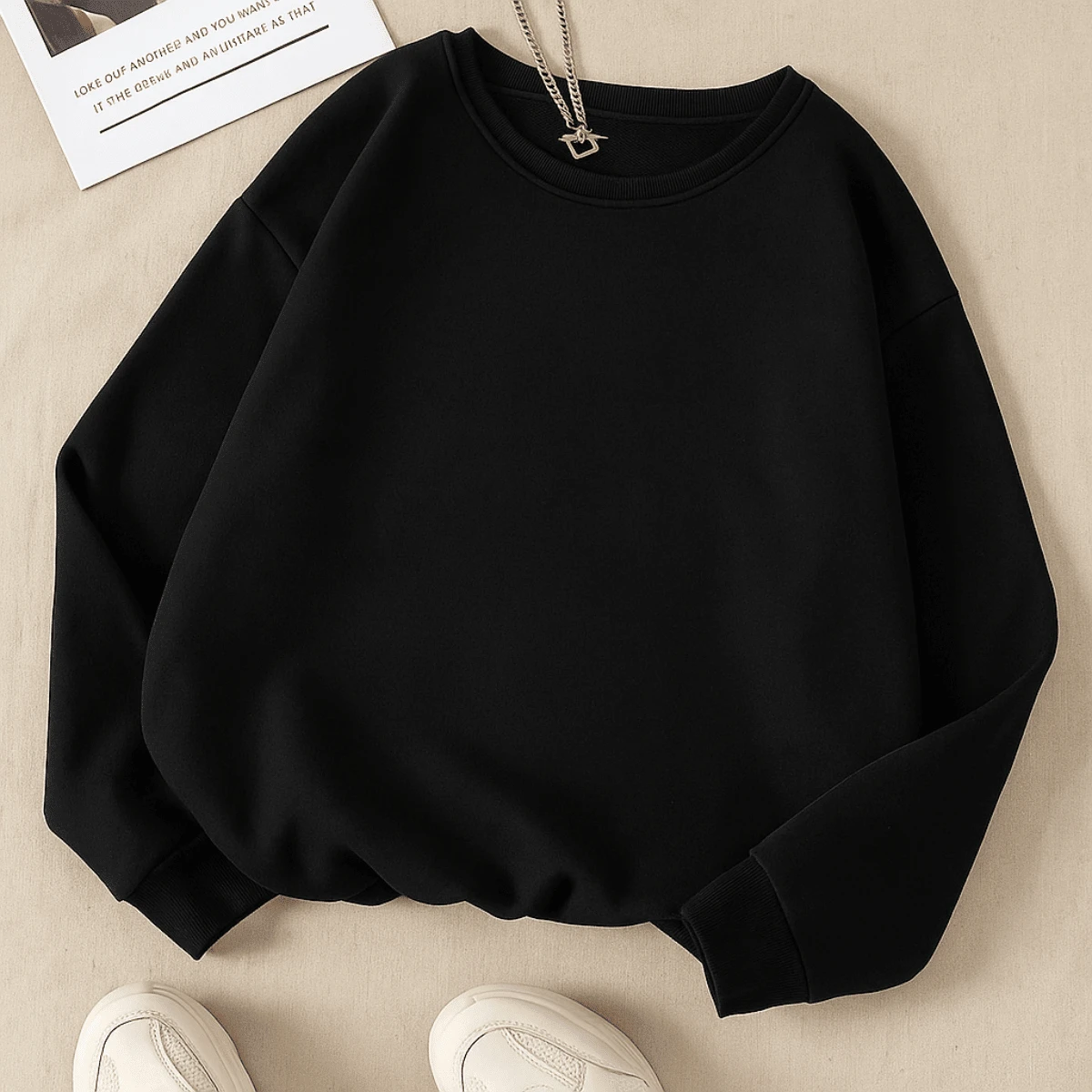 Women's 100% Cotton Casual Plain Sweatshirt - 黑色 - 查看 1
