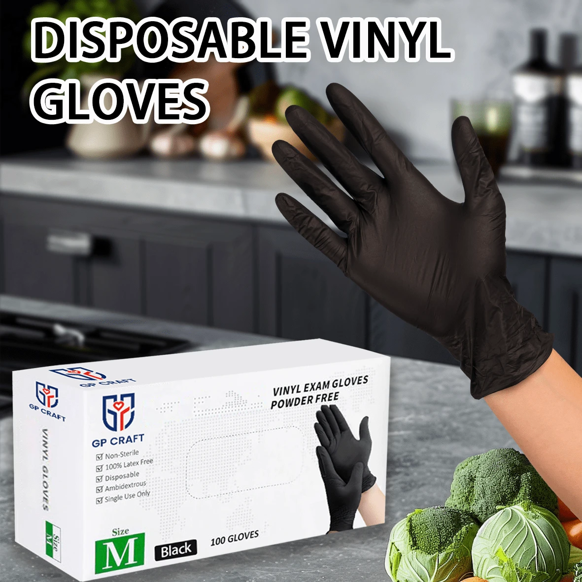 Vinyl Synthetic Gloves, 4 Mil, Disposable Latex-Free Gloves For Cooking & Cleaning, Outdoor 100-Ct Box Disposable Gloves - Powder-Free, Latex-Free, High-Elasticity Comfort Fit - Food For Cleaning, Hairdressing, Pets, Crafts, Cars - 黑色 - 查看 1