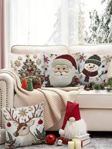 1/2/4 piezas Fundas de almohada navideñas de un solo lado, estilo moderno, lavables a máquina, con cierre de cremallera, de poliéster con diseños de Papá Noel, renos y muñeco de nieve para decoración de sala de estar y sofá. "X" Inserto no incluido - 17.7x17.7 pulgadas, impresión plana 2D