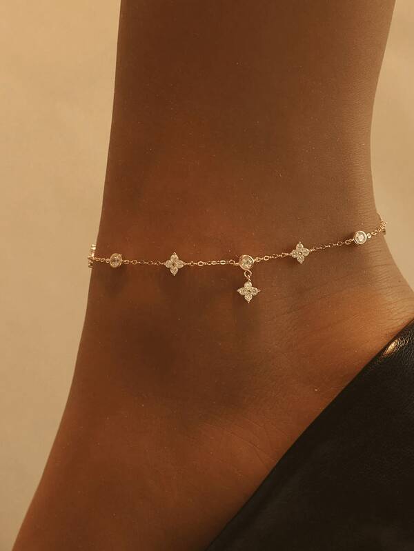 1pc 925 Silver Cute & Fresh Zirconia Four-Leaf Clover Charm Anklet, Best Accessory For Women Going Out, Beach, Vacation