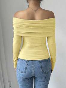 Women's Elegant Off-The-Shoulder Ruffle Long Sleeve Solid Color Blouse - Yellow - View 2