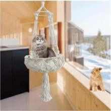 Hand-Woven Cotton Cat Hammock - Cozy 4-Season Hanging Bed (Indoor Boho Nest Pets) - trắng - Xem 4