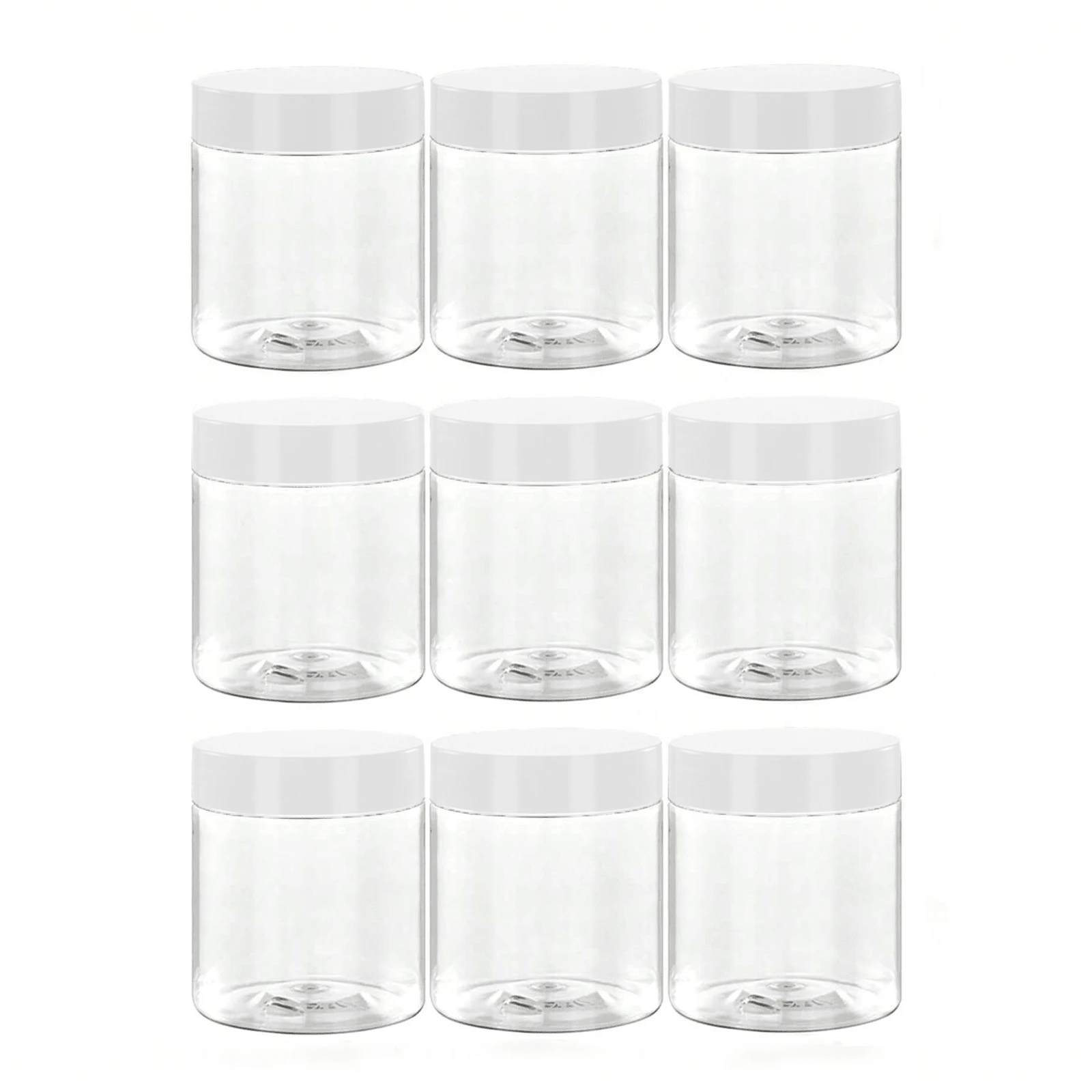 9 piezas de botellas de almacenamiento de plástico de 5 cm de diámetro con tapas, frascos de pintura, envases de crema/máscara, botellas de crema para ojos/crema facial, botellas de muestra transparentes de boca ancha de PET, botellas recargables para cosméticos