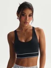 Women's Solid Color Round Neck Removable Padded Mesh Splice Strap Comfortable Sports Knit Bra - Black - View 5