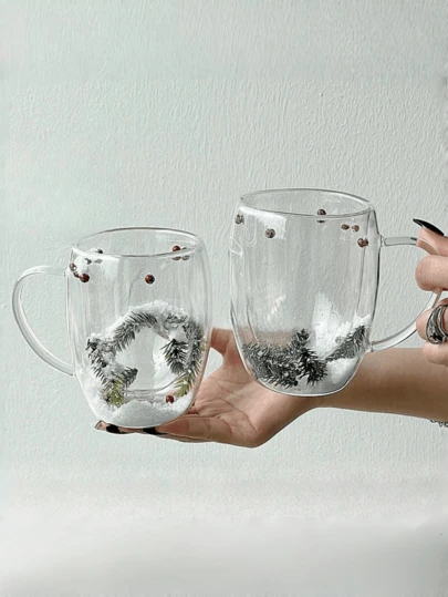 1pc Coffee Cup Water Bottle Clause, New Semester High Borosilicate Double-Layer Glass Cup, Christmas Snowy Pine Branch Heat-Resistant Christmas Gift Cup, Cute Transparent Cup, Coffee Cup, Suitable For Halloween, Christmas, Back To School Gifts, Hand Wash Only, Reusable, Suitable For Cappuccino, Tea And Hot Beverages, Perfect Gift For Holiday And Coffee Lovers, Cappuccino Glassware | Elegant Coffee Cup | Transparent Glass Cup