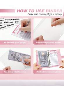 A6 Size PU Leather Budget Binder With Cash Envelope Pocket, Zipper Compact French Budget Organizer Pouch, Women Wallet, Mini Wallet, Card Holder, Keychain, Random Styles - Multicolor - View 3