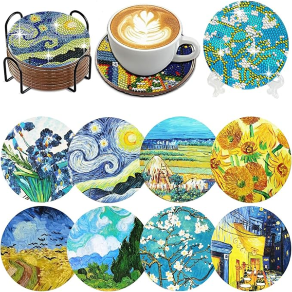 8pcs Diamond Art Coasters With Holder, DIY Landscape Pattern Diamond Art Coasters, Diamond Painting Kit Suitable For Adults And Beginners, Diamond Painting Craft Supplies, Exquisite Gift For Friends