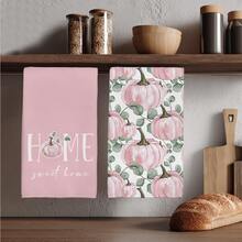 2pcs Minimalist Pink Autumn Pumpkin Pattern Kitchen Towels, Soft Polyester Material Dish Cloths, Suitable For Kitchen Decor, Cleaning, Holiday Party Decoration, Kitchen & Bathroom Essentials, Home Decor, Housewarming Gift - Pink - View 1
