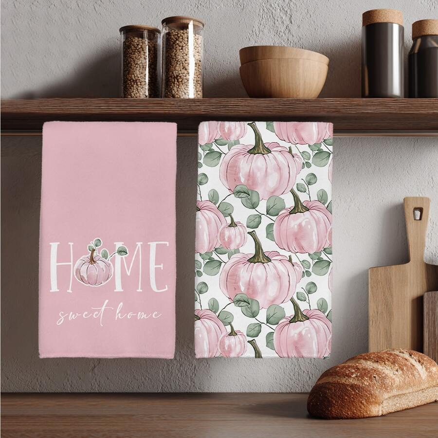 2pcs Minimalist Pink Autumn Pumpkin Pattern Kitchen Towels, Soft Polyester Material Dish Cloths, Suitable For Kitchen Decor, Cleaning, Holiday Party Decoration, Kitchen & Bathroom Essentials, Home Decor, Housewarming Gift - Pink - View 1