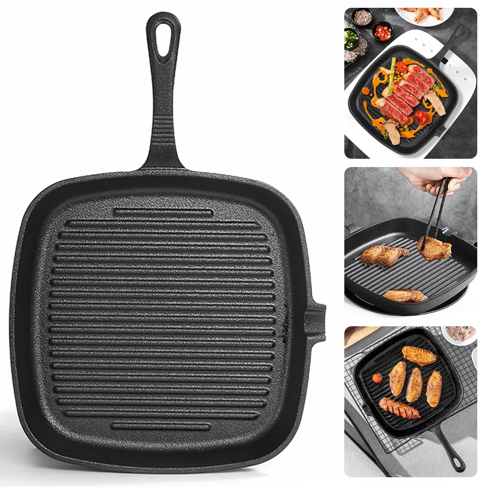 Lislark Cast Iron Griddle Frying Pan Grill Non-Stick Skillet Cooking Fry Square Steak - 黑色 - 查看 1