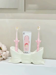 حامل فرشاة أسنان سيراميكي أبيض وزهري، رف تخزين قائم بذاته ب- 3 فتحات لأسطح الحمام، منظم متعدد الوظائف لفرشاة الأسنان ومعجون الأسنان، ديكور منزلي أنيق ومتين، مستلزمات حمام عصرية - متعدد الألوان - مشاهدة 3