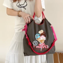 Women's Tote Bag, Sweet Ice Cream Embroidery Design, Lightweight Large Capacity, Suitable For Shopping, Party, Commuting, Christmas Gift, Handbag, Commuter Bag, Ladies Purse