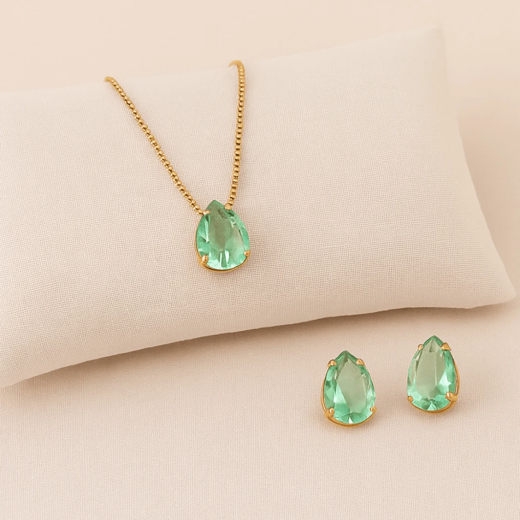NECKLACE SET WITH MINI DROPLET EARRINGS GOLD PLATED -- CHOOSE COLOR - 薄荷 - 查看 1