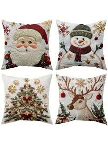 1/2/4 piezas Fundas de almohada navideñas de un solo lado, estilo moderno, lavables a máquina, con cierre de cremallera, de poliéster con diseños de Papá Noel, renos y muñeco de nieve para decoración de sala de estar y sofá. "X" Inserto no incluido - 17.7x17.7 pulgadas, impresión plana 2D