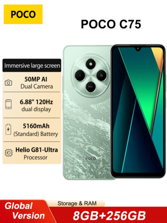 Xiaomi Smartphone POCO C75 NFC 8+256G Versão Global Tela de 6,88'' e 120Hz Câmera traseira Helio G81-Ultra Câmera frontal de 50MP Câmera de 13MP Bateria enorme de 5160mAh