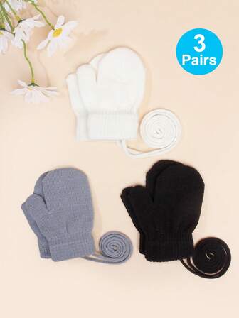 3 Pairs Kids Winter Warm Knitted Gloves With Cord, Cute Mittens For Toddlers And Children
