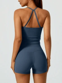NcmRyu Women's Strappy Back Yoga Sports Set, Naked Sensation Squat-Proof Quick Dry Fitness Outfit, Spring/Summer - Màu xanh hải quân - Xem 3