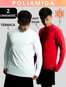 Kit 2 Men's Polyamide Thermal T-Shirt UV50+ Sun Protection Second Skin Anti-Odor Long Sleeve Winter Training Running - Red and White - View 1