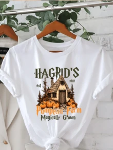 Hagrid's Pumpkin Halloween Graphic Print Women's T-Shirt Short Sleeve Crew Neck Casual Top For Summer And Spring Ladies
