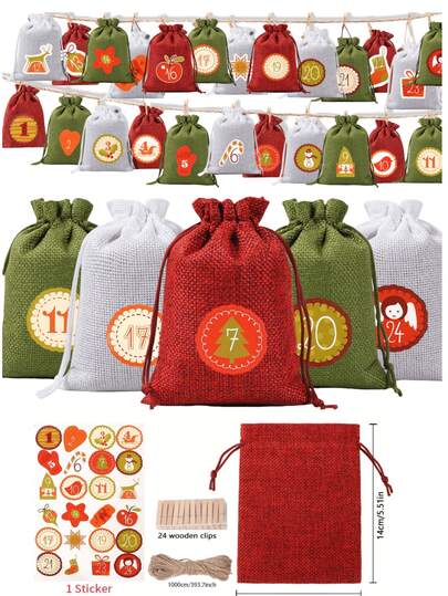 24Pcs Christmas Advent Calendar Bag 24 Days DIY Countdown Calendar Drawstring Burlap Hanging Christmas Decoration Gift Bag Suitable For Christmas Home