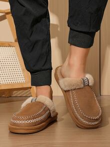 Hatastic 舒适菱形图案休闲套脚拖鞋，人造毛皮饰边，男女通用，适合办公室和居家穿着，冬季圣诞礼物