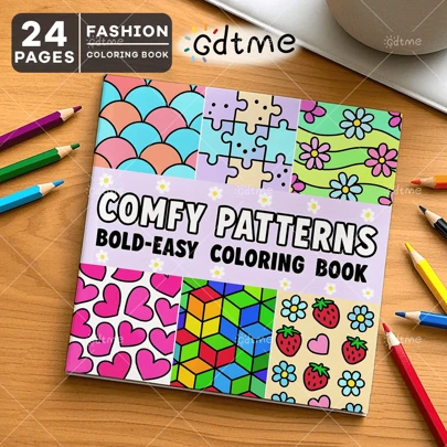 1 件 COMFY PATTERNS Bold - 简易着色书儿童涂鸦绘画书 24 页（珠光封面） - 升级厚纸（随机赠送 1 张贺卡作为礼物）用于缓解压力和色彩协调练习绘画书，蒙特梭利绘画玩具创意礼物易于用粗线着色一本大胆而简单的着色书