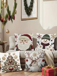 1/2/4 piezas Fundas de almohada navideñas de un solo lado, estilo moderno, lavables a máquina, con cierre de cremallera, de poliéster con diseños de Papá Noel, renos y muñeco de nieve para decoración de sala de estar y sofá. "X" Inserto no incluido - 17.7x17.7 pulgadas, impresión plana 2D