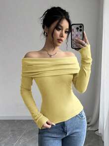 Women's Elegant Off-The-Shoulder Ruffle Long Sleeve Solid Color Blouse - Yellow - View 1