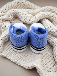 1 Pair Handmade Crochet Infant Booties, Soft Indoor Floor Socks For Crawling/First Step - Blue - View 7