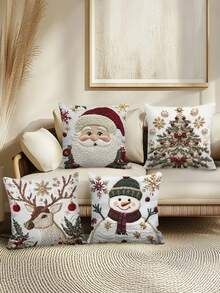 1/2/4 piezas Fundas de almohada navideñas de un solo lado, estilo moderno, lavables a máquina, con cierre de cremallera, de poliéster con diseños de Papá Noel, renos y muñeco de nieve para decoración de sala de estar y sofá. "X" Inserto no incluido - 17.7x17.7 pulgadas, impresión plana 2D