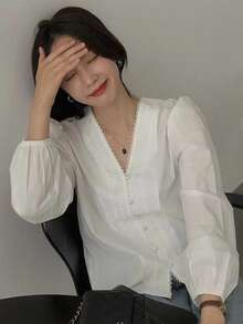 Diseño retro francés de primavera, camisa de encaje de nicho, camisa de linterna de cuello v, blusa de manga femenina - Blanco - Ver 2