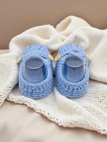 1 Pair Handmade Crochet Infant Shoes, Light Purple Color With Button Decor, Infant Size - Baby Blue - View 7