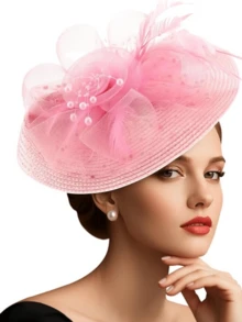 1 件女士圆点面纱茶会帽肯塔基迷人帽子德比帽婚礼鸡尾酒花朵羽毛发夹 - 彩色 - 查看 10