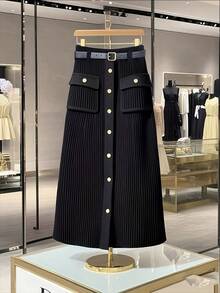 女士优雅休闲针织 A 字裙，百搭针织混纺裙，带口袋，适合商务、休闲等所有场合，秋冬 - 黑色 - 查看 1