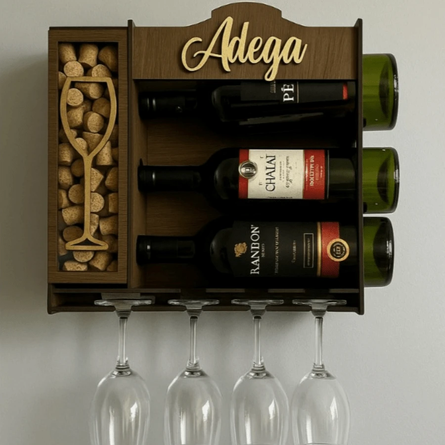 Wall Mounted Wine Rack With Cork Holder In MDF Decoration For Wine Glasses And Glasses - nâu sẫm - Xem 1