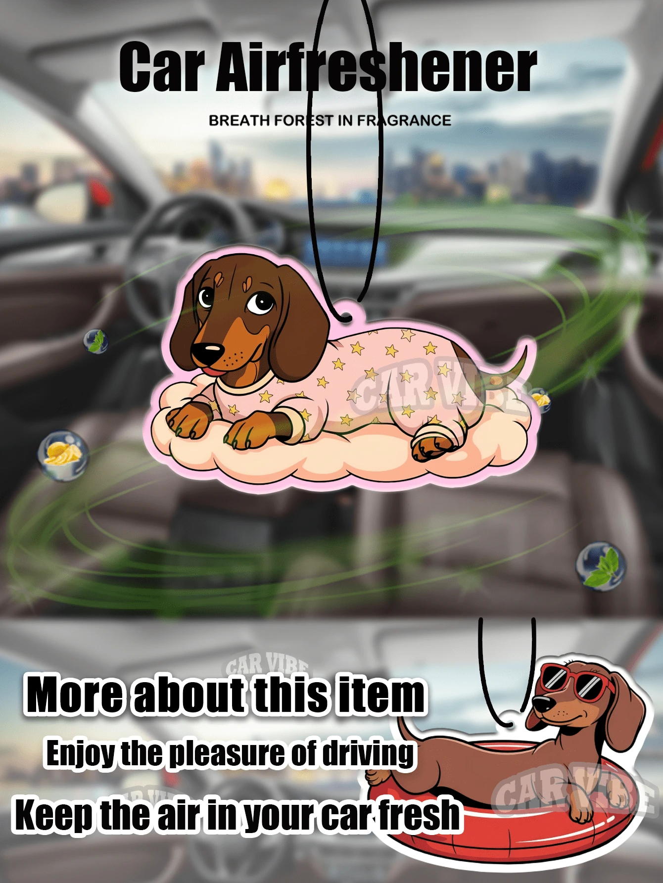 可爱腊肠犬、腊肠犬图案设计，散发甜美香味，汽车空气清新剂吊坠 - 卡通动漫风格，适用于后视镜、通风口夹、家居和办公室装饰，创意有趣的设计，送给朋友的理想礼物 - 彩色 - 查看 1