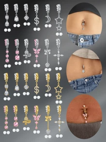 Fake Belly Piercing Fake Belly Ring For Women Fake Belly Button Piercing Clip On Belly Button Rings Fake Navel Ring Non Piercing Faux Belly Piercing Jewelry Dangle Non Piercing Fake Belly Piercing Jewelry, Clip On Earrings Non - Piercing Ears Cuff Set Stainless Steel Silver Gold CZ Fake Helix Cartilage Clip On Wrap Earrings Set For Women Non - Piercing Adjustable Ear Clip Without Ear Hole
