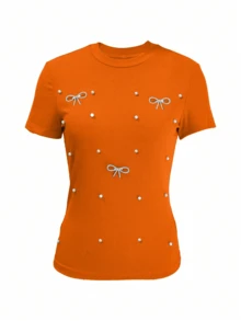 Tricou damă cu guler rotund, drăguț și tineresc, cu fundă și perle, casual, elegant, versatil, slim fit, cu mânecă scurtă, potrivit pentru vacanță, întâlniri, naveta, cumpărături, purtare zilnică (fundă detașabilă), primăvară/vară - Portocale - Vizualizare 5