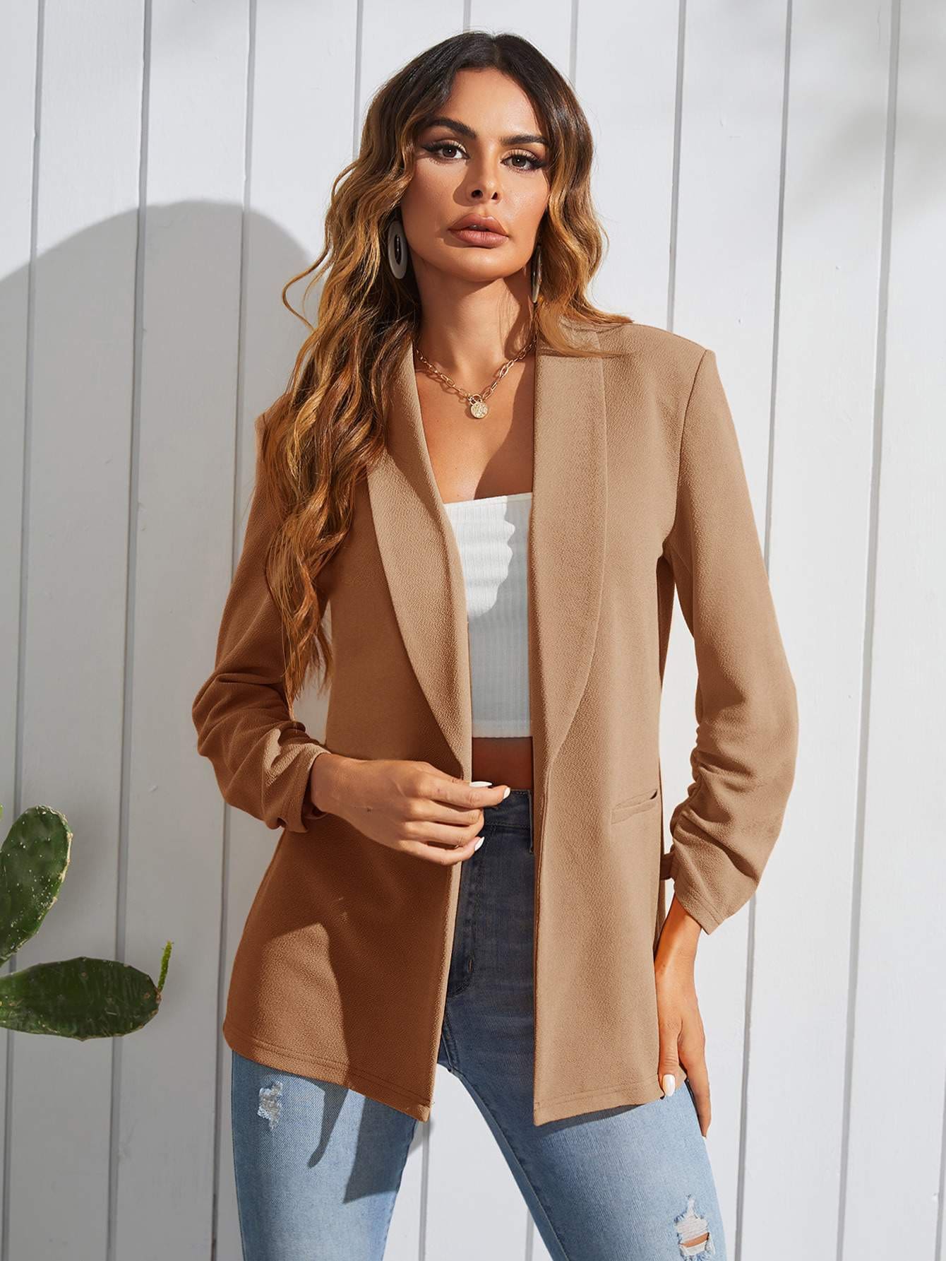 Sophisticated Blazer With Ribbed Top - 駝色 - 查看 1