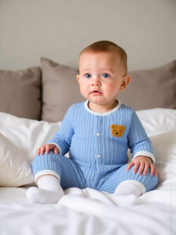 Mameluco de manga larga con gráfico de oso tierno de tela jacquard para bebés recién nacidos niños, apropiado para uso diario y actividades al aire libre