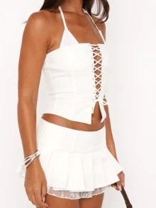 Women's Halter Neck Vest Summer Sleeveless Open Back Front Cross Bandage Tank Tops - trắng - Xem 5