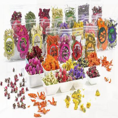 Natural Dried Fruit And Flower Kit - 25 Bags, For DIY Crafts (Soap, Candle, Resin Jewelry, Bath Bombs, Nail Art), With Rose Petals, Rosebuds, Lilium, Jasmine