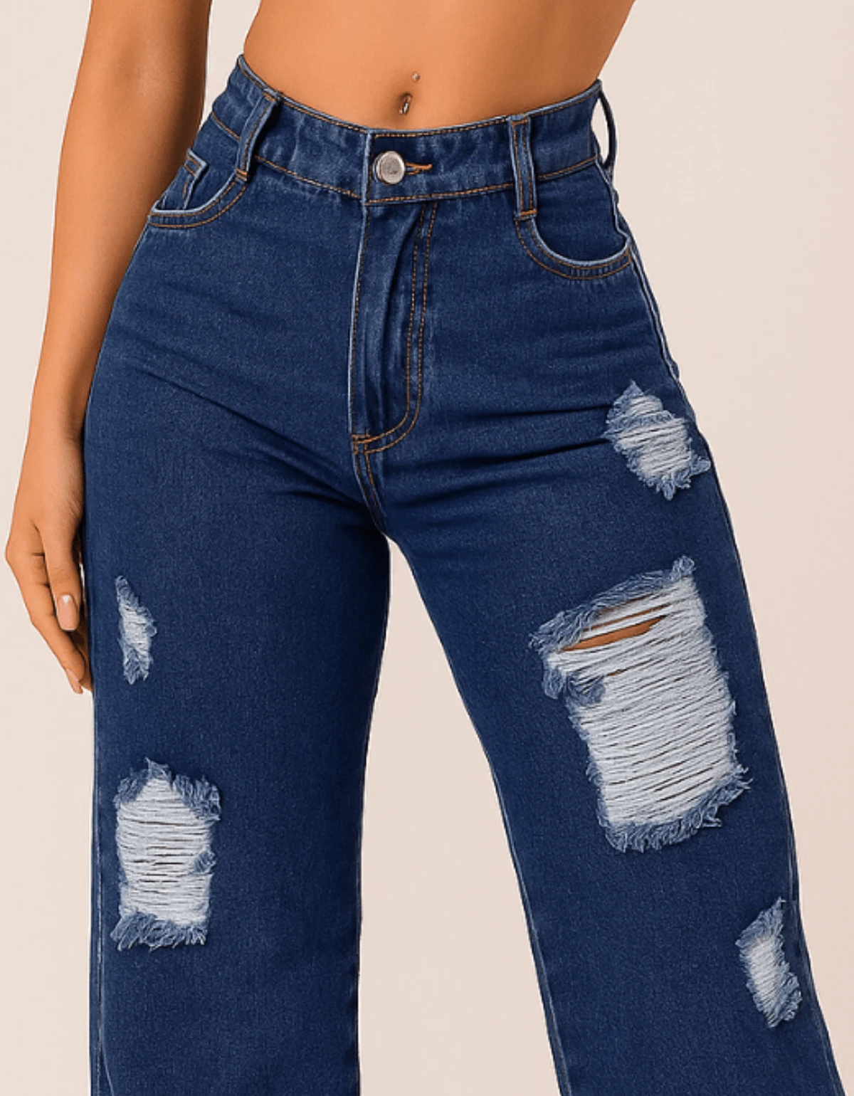 Calça Wide Leg Jeans Feminina Destroyed Tecido Premium Reforçado Cintura Alta Rasgada - Wide Leg Destroyed Escura - Visão 1
