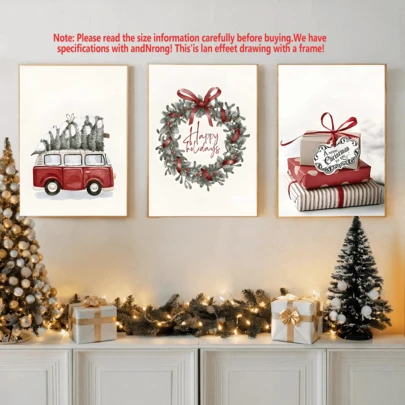3 PiecesModern Art Decorative Style Christmas-Themed Canvas Wall Art Set - Fashionable Theme Frameless Posters, Suitable For Home Office, Living Room, And Bedroom Decor - Santa Claus, Gifts, Reindeer, And Festive Joy - Vertical Canvas, Wall Arts, Posters, Wall Art With Frame, Christmas Home Decor - Canvas (Optional Frame)