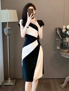 Vestido francés verano nuevo temperamento cintura delgada senior blanco y negro empalme falda casual - Negro - Ver 3