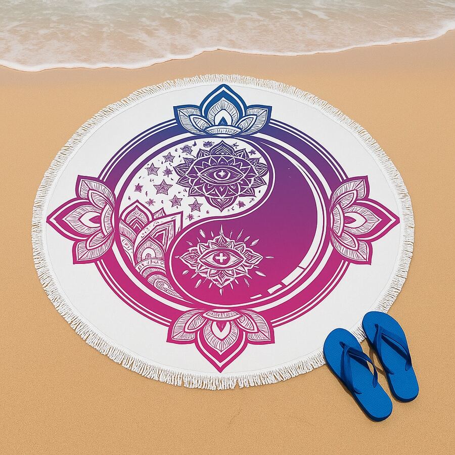 Round Beach Towel 150x150 Cm – Boho Style, 70% Cotton 30% Polyester, Quick-Dry, Multi-Purpose | Made In Turkey - Champagne - View 1