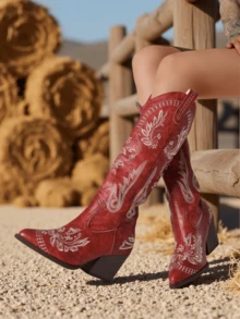 Red Cowgirl Outfits For Women Boots  Knee High Pointed Toe Thick Heels Festival Shoes Fashion Country Concert Combat Boots For Women - Đỏ - Xem 7