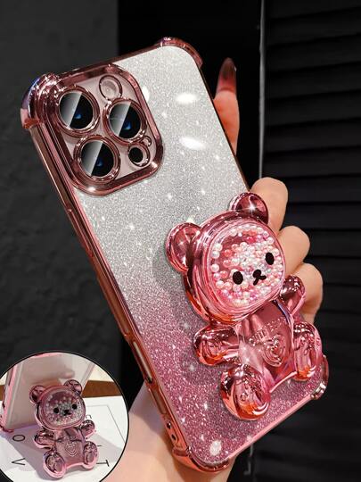 Luxury Electroplated Transparent Phone Case With Cute Bear Stand, Decorated With Shiny Rhinestones, Showcasing Y2K Style, Shockproof And Anti-Fall, New Summer Silicone Soft Protective Cover, Compatible With IPhone 16/16E/15/14/13/12/11/X/XS/XR/8/7 Plus/Pro/Max/Mini, Galaxy S24/S25 Ultra, Compatible With , Honor, Compatible WIth Reno, MOTO , And Women's 2025 Model Phones.
