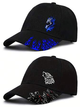 1pc Dragon & Wolf Print Unisex Baseball Cap, Streetwear Fashion Outdoor Sports Curved Brim Adjustable Hat