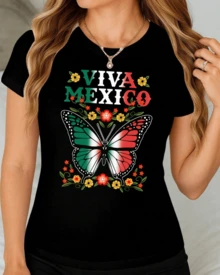 Camiseta de mujer cuello redondo manga corta estampado, mariposa patriota VIVA México fiesta patria , blusas playeras gráficas para mujer - Negro - Ver 3